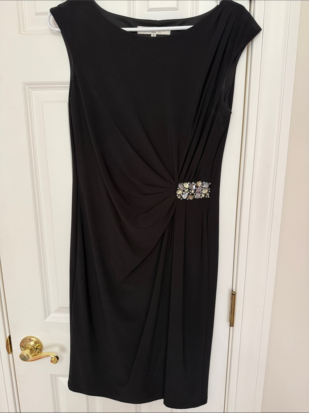 Evan Picone Black Sleeveless Midi Dress with Jeweled Waist Accent